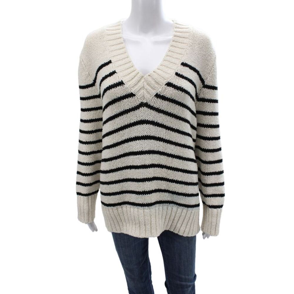 Zara Womens V-Neck Striped Pullover Ivory Long Sleeve Size M